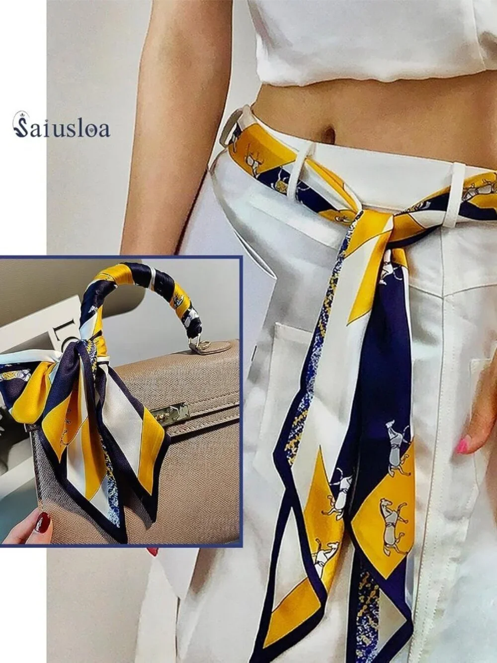Women's Blue and White Pony Fashion Scarves Long Skinny Silky Hair Bags Scarf
